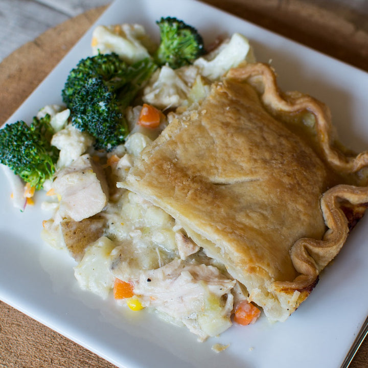 slice of our homemade chicken pot pie